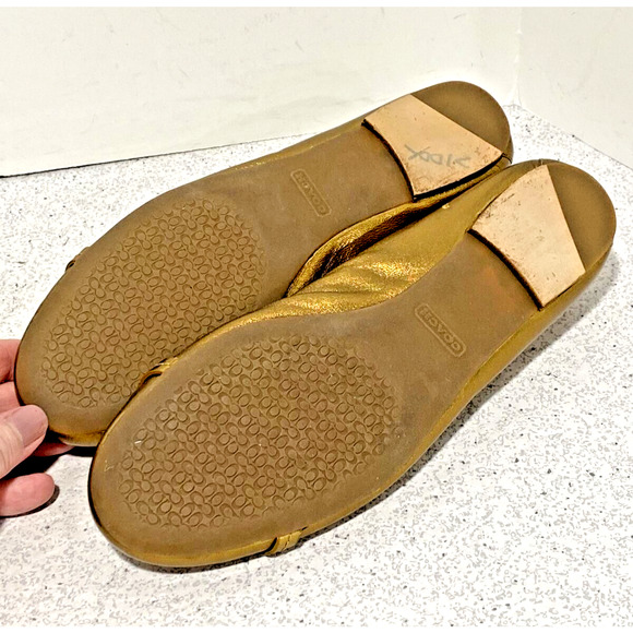 Coach Leona Ballet Flats Golden Metallic Leather Slip On Shoes Horse Bit US 6.5B